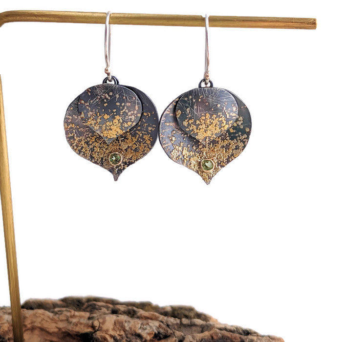 24k Gold and Sterling Silver Double Aspen Leaf Earrings with Peridot - Large