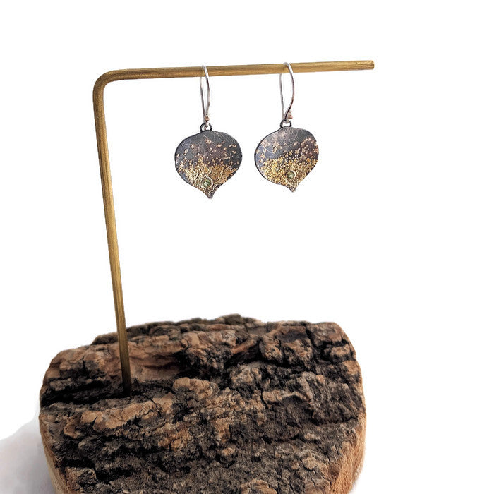 24k Gold and Sterling Silver Aspen Leaf Earrings with Peridot Gemstone
