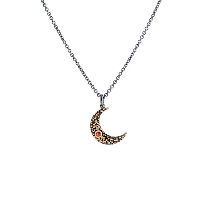 Gold Granulation and Sterling Silver Crescent Moon Necklace with Orange Sapphire
