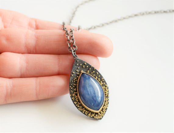 Gold Granulation and Sterling Silver Rain Necklace with Blue Kyanite