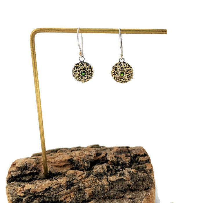 Gold Granulation and Sterling Silver Earrings with Green Chrome Diopside Gemstone