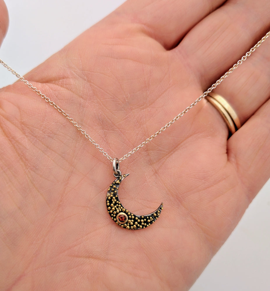 Gold Granulation and Sterling Silver Crescent Moon Necklace with Orange Sapphire