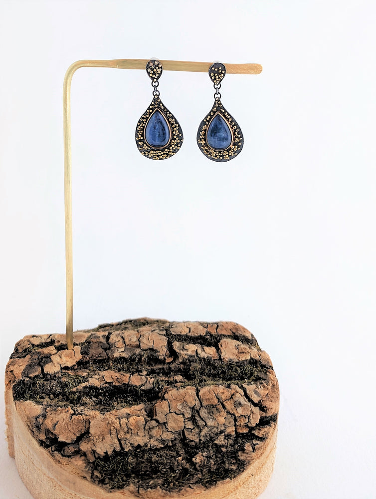 Gold Granulation and Sterling Silver Raindrop Earrings with Blue Kyanite