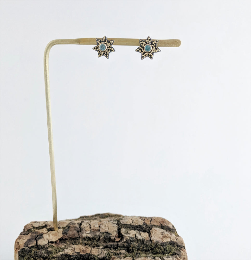 Gold Granulation and Sterling Silver Star Earrings with Blue Zircon