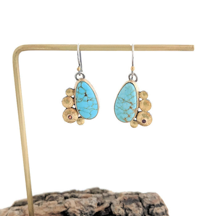 22k Gold and Sterling Silver Earrings with Turquoise and Garnet Gemstone