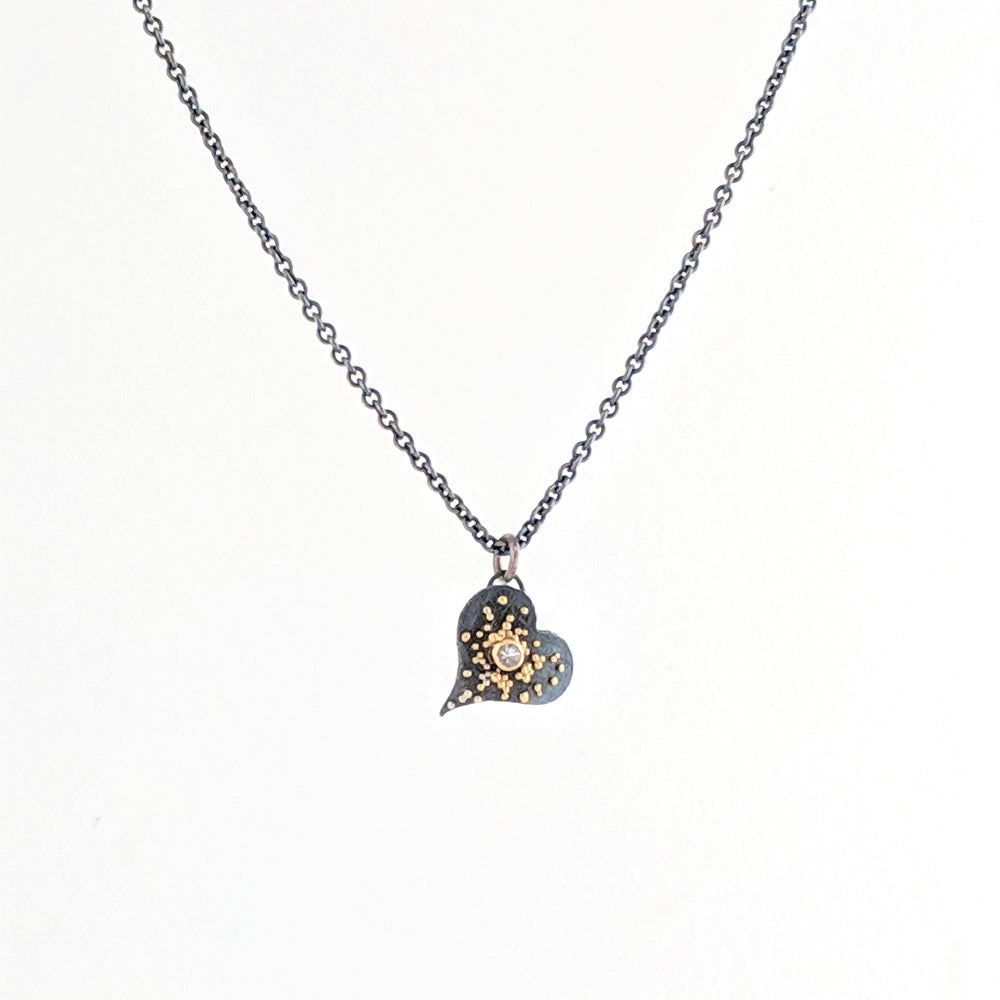 Gold Granulation and Sterling Silver Heart Necklace with White Sapphire