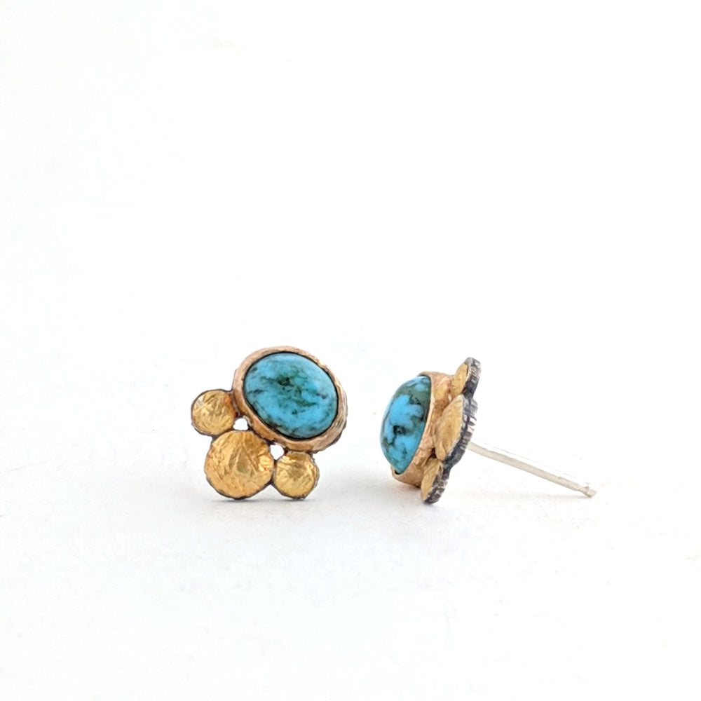 22k Gold and Sterling Silver Stud Earrings with Kingman Turquoise