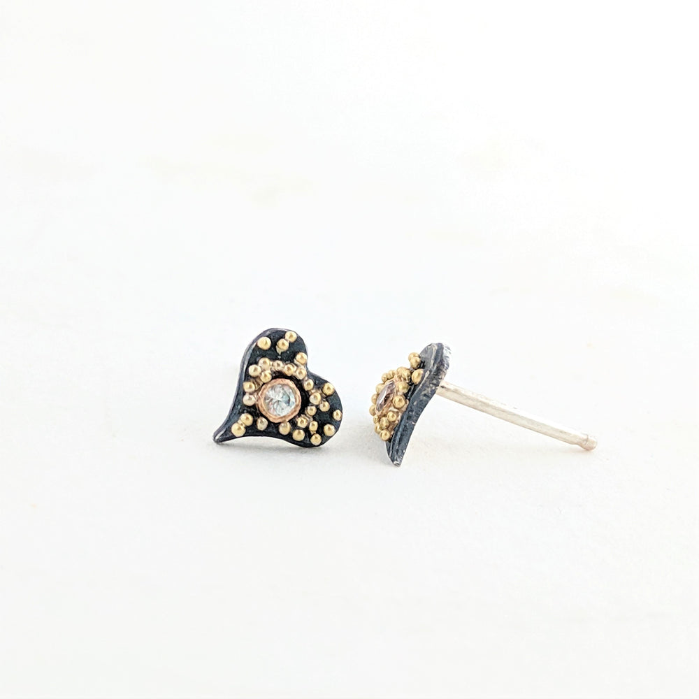 Gold Granulation and Sterling Silver Heart Stud Earrings with White Sapphire