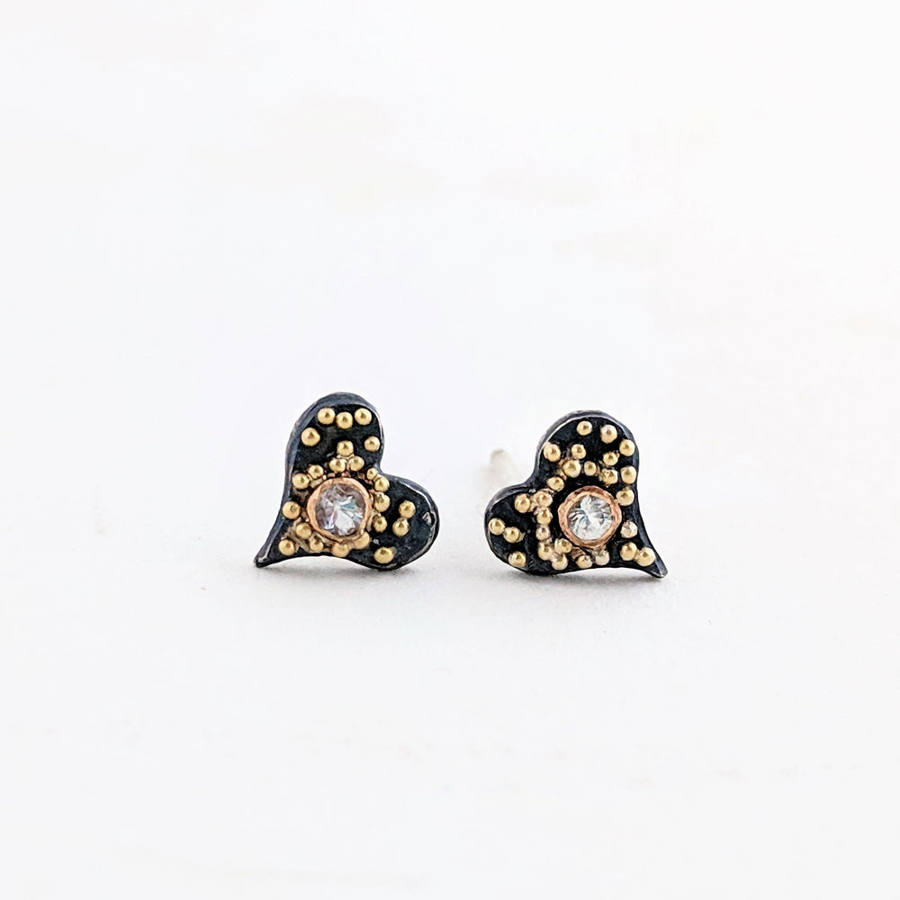 Gold Granulation and Sterling Silver Heart Stud Earrings with White Sapphire