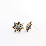 Gold Granulation and Sterling Silver Star Earrings with Blue Zircon