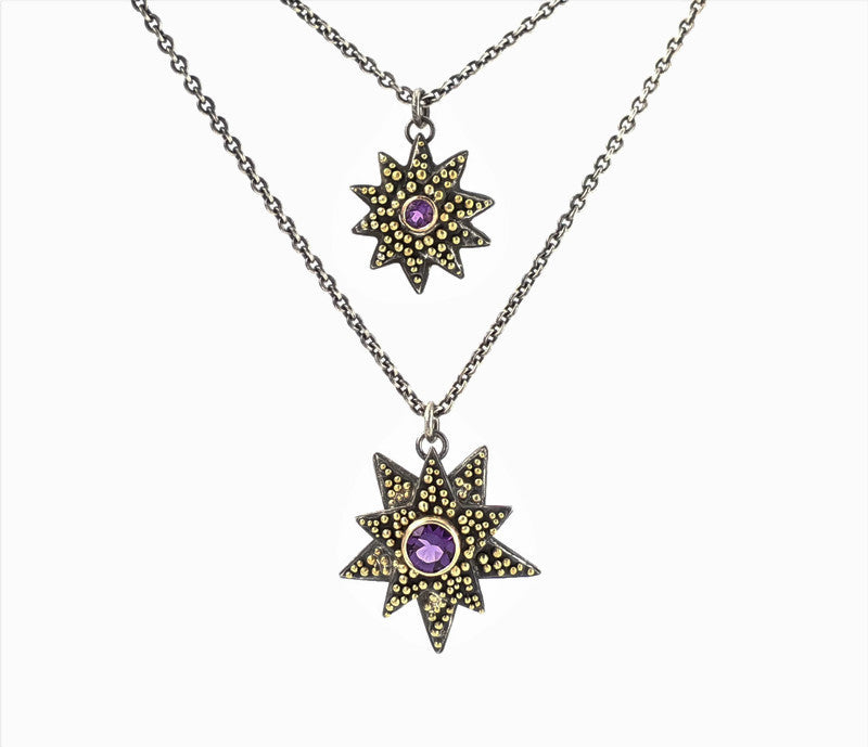 Gold and Silver Celestial Necklace with Amethysts