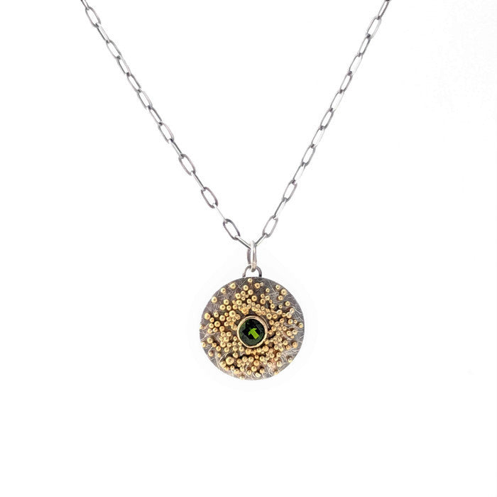 Gold Granulation and Sterling Silver Necklace with Green with Chrome Diopside Gemstone